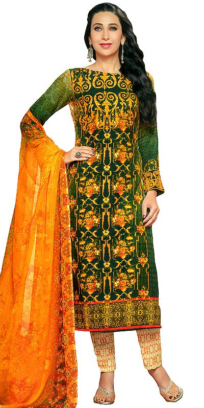 Green and Amber Digital-Printed Salwar Kameez with Embroidered Patch on Sleeves
