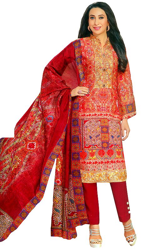 Bittersweet-Red Digital Printed Salwar Suit with Embroidered Patch on Neck and Border