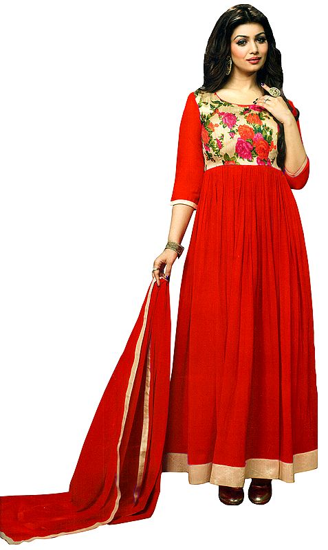 Anarkali Suit with Printed Flowers and Solid Ghagra