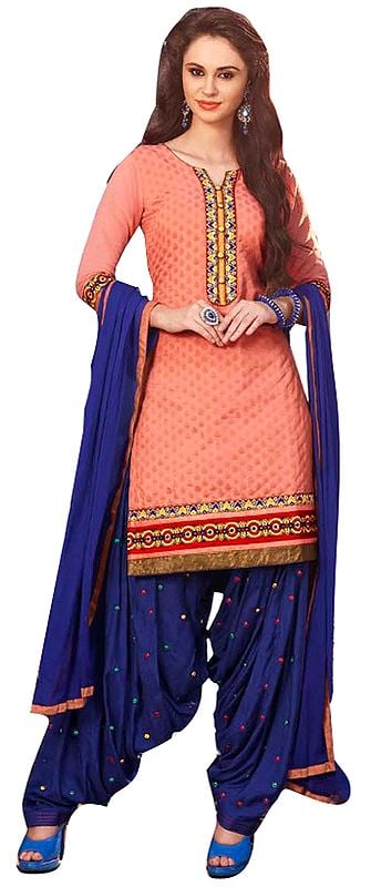 Salmon and Blue Patiala Salwar Kameez Suit with Woven Bootis and Embroidered Patches