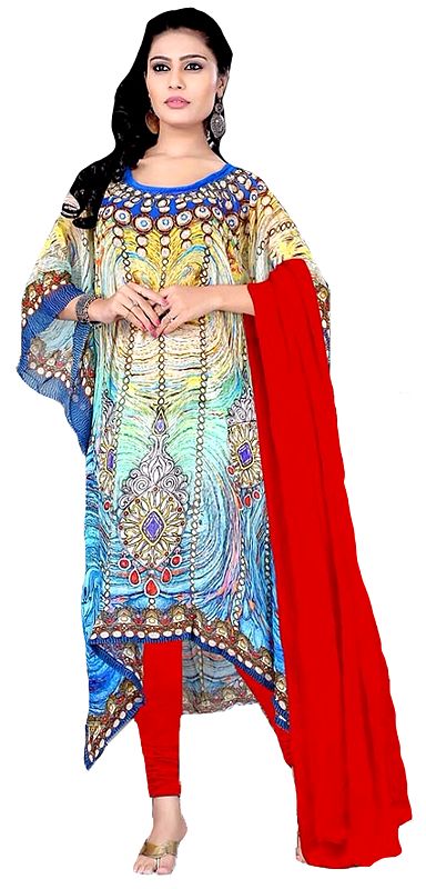 Blue and Red Choodidaar Kaftan Suit with Digital-Print and Stone-work on Neck