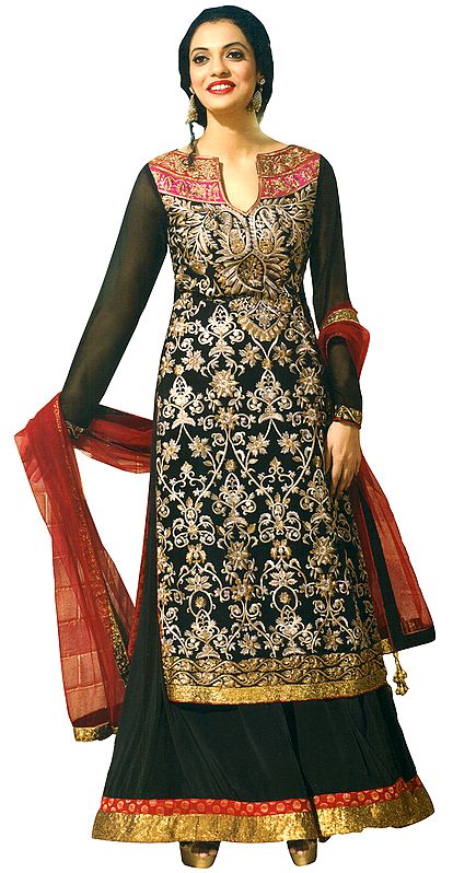 Jet-Black Designer Palazzo Salwar Suit with Embroidery All-Over and Sequined Patch Border