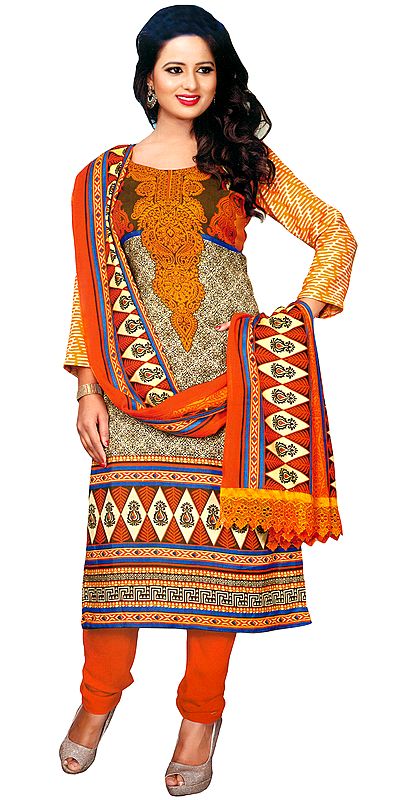Cream and Marigold Floral-Printed Choodidaar Kameez Suit