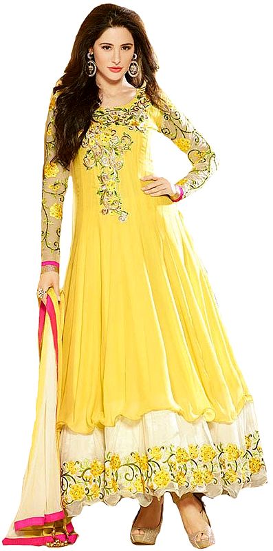 Pale-Banana and Ivory Designer Layered Anarkali Suit with Floral Zari-Embroidery and Stone-work