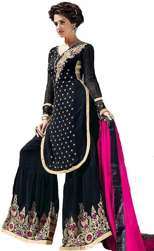 Jet-Black and Pink Designer Sharara Salwar Suit with Floral Embroidery and Bootis