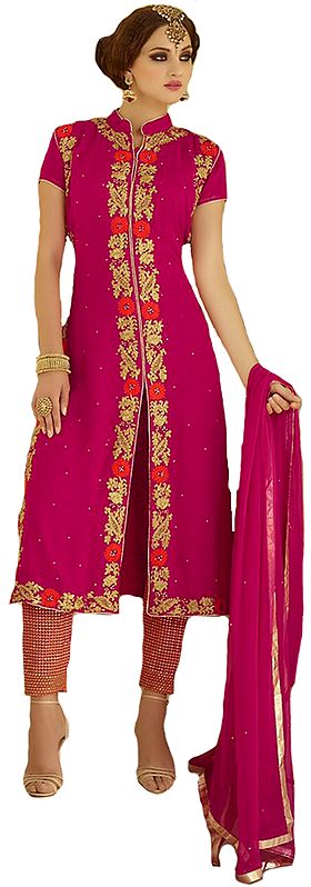Bright-Rose Long Parallel Salwar Suit with Aari-Embroidery and Crystals