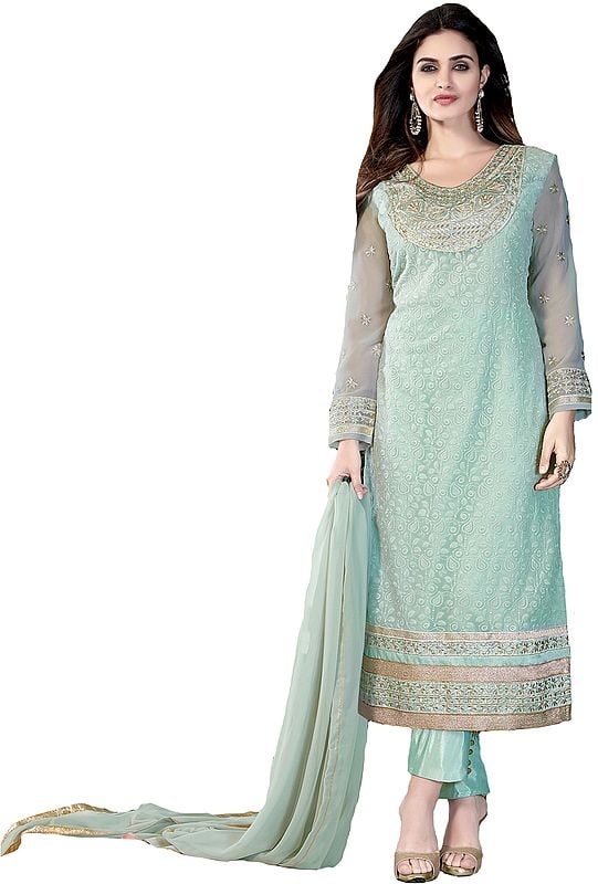 Silt-Green Long Choodidaar Kameez Suit with Chikan-Embroidery and Gota Lace