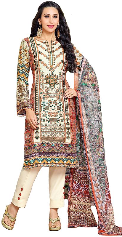 Brown and Cream Digital-Printed Parallel Salwar Suit with Chiffon Dupatta