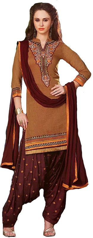 Pheasant-Brown and Rosewood Patiala Salwar Kameez Suit with Embroidered Patch on Neck and Border