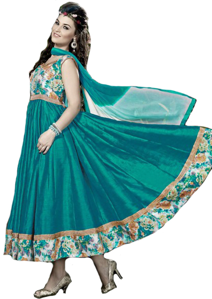 Viridian-Green Anarkali Suit with Printed Flowers and Gota Lace