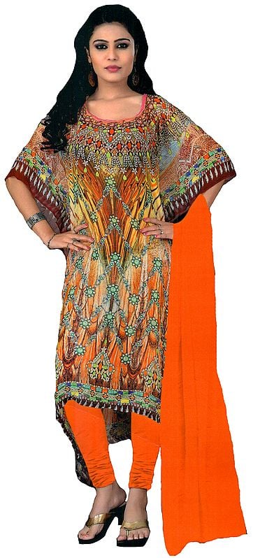 Yellow and Orange Digital-Printed Choodidaar Kaftan Suit with Stone-work on Neck
