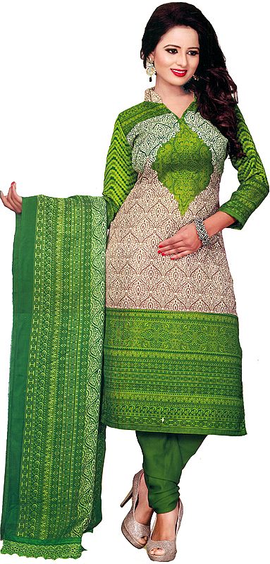 Piquant-Green Choodidaar Kameez Suit with Printed Motifs All-Over