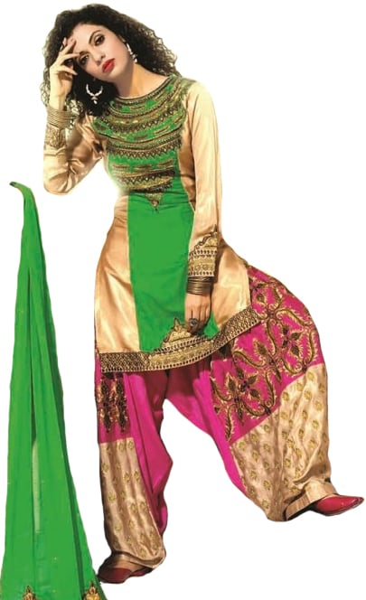 Beige and Green Wedding Salwar Kameez Suit with Zari-Embroidery and Crystals