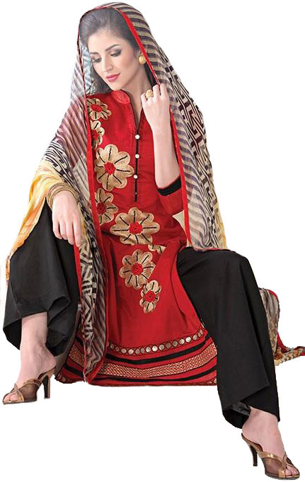 Red and Black Palazzo Salwar Kameez Suit with Embroidered Flowers and Digital-Printed Dupatta
