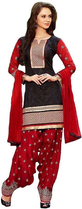 Black and Red Patiala Salwar Kameez Suit with Embroidered Patches and Paisleys Woven in Self