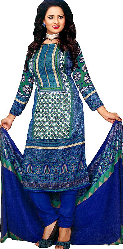 Green and Blue Floral Printed Choodidaar Kameez Suit