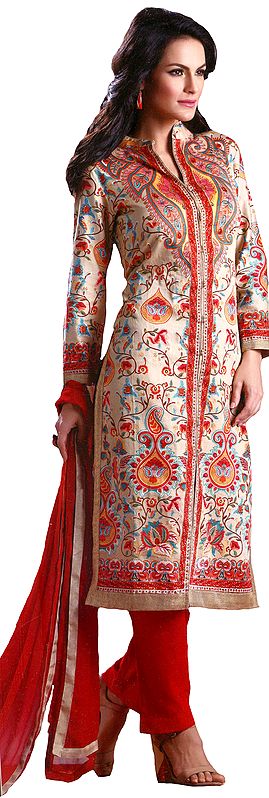 Pale-Khaki and Red Parallel Salwar Suit with Jamawar Print