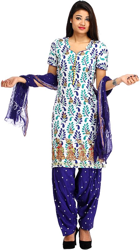 Salwar Kameez Suit from Gujarat with Printed Leaves and Embroidered Women