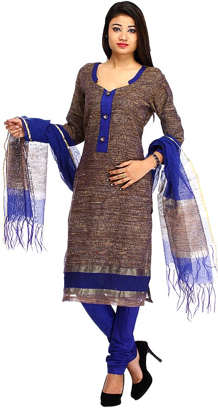 Timber-Wolf and Blue Choodidaar Kameez Suit from Banaras with Printed Paisleys and Jute Weave