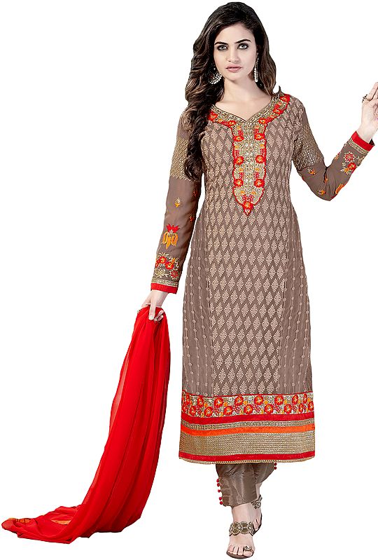 Warm-Taupe Self Embroidered Long Trouser Salwar Kameez Suit with Floral Patch on Neck and Border
