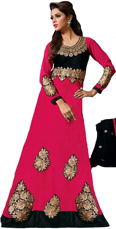 Pink and Black Long Chudidar Kameez Suit with Zari-Embroidered Patches