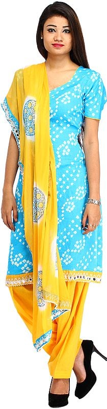 Blue and Saffron Bandhani Tie-Dye Salwar Kameez Suit from Gujarat with Patch Border