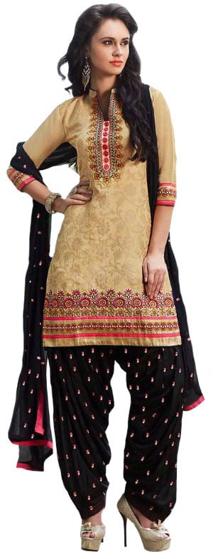 Off-White and Black Patiala Salwar Kameez Suit with Self-Weave and Floral Embroidery