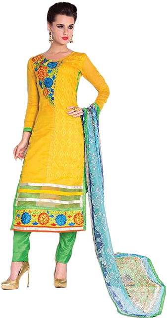 Yellow and Green Self-Embroidered Parallel Salwar Suit with Floral Embroiderd Patch and Net on Border