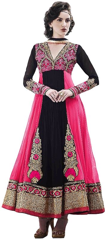 Pink and Black Designer Anarkali Suit with Zari Floral-Embroidery and Wide Patch Border