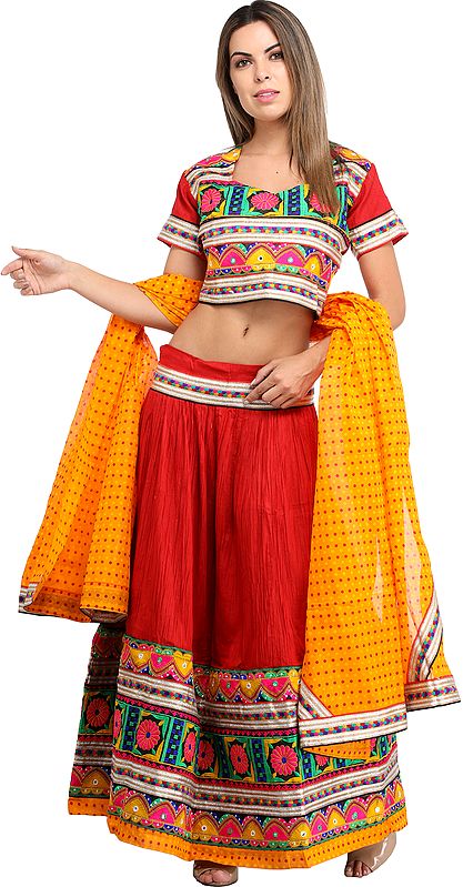Jasmine-Green and Maroon Lehenga Choli from Jodhpur with Floral-Embroidery and Mirrors