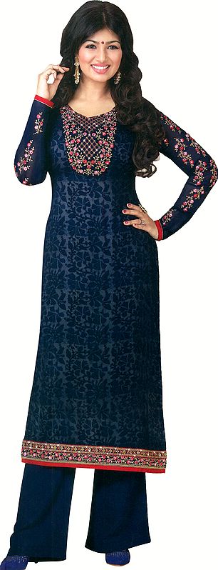 Medieval-Blue Ayesha Printed Palazzo Salwar Kameez Suit with Floral Embroidery and Crystals