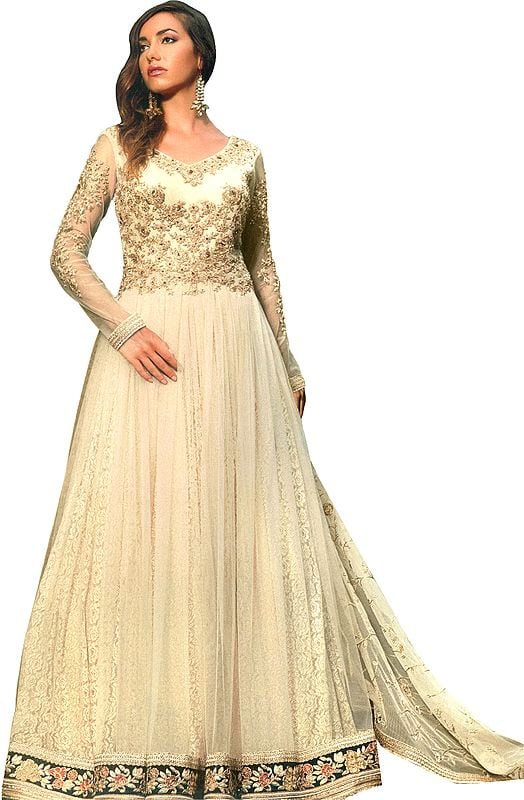 Marzipan Designer Floor-Length Anarkali Suit with Floral Zari Embroidery and Crystals