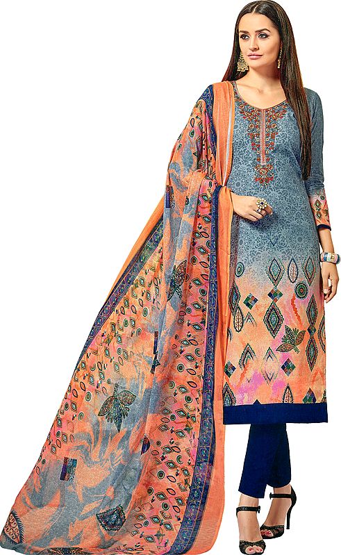 Frost-Gray Printed Trouser Salwar Kameez Suit with Embroidered Florals on Neck