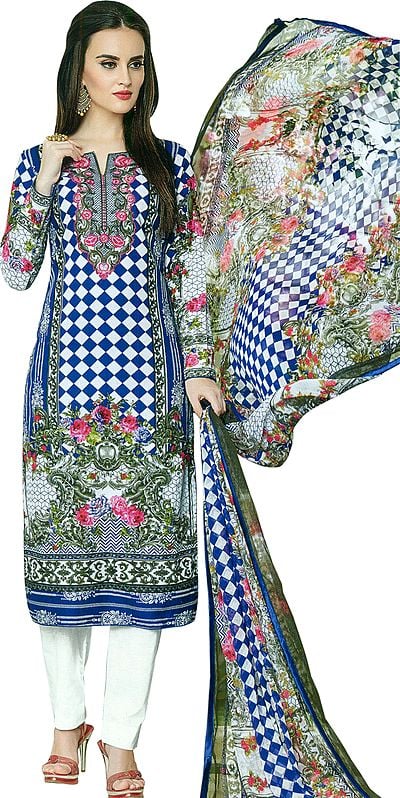 Strong-White Printed Trouser Salwar Kameez Suit with Aari-Embroidered Florals and Chiffon Dupatta