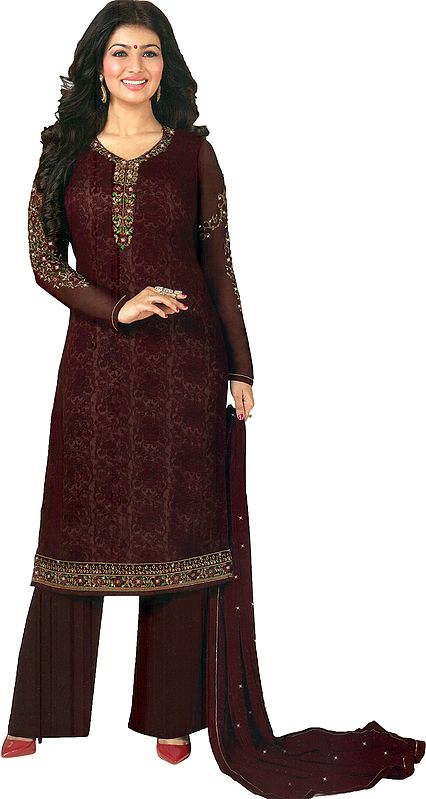 Oxblood-Red Ayesha Printed Palazzo Salwar Kameez Suit with Floral Embroidery and Crystals