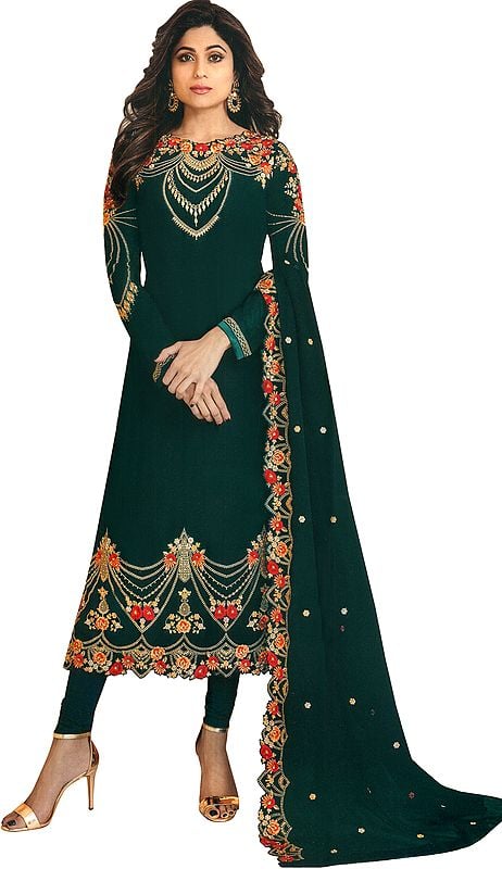 Shamita Shetty Long Choodidaar Salwar Kameez Suit with Zari-Embroidered Florals and Crystals