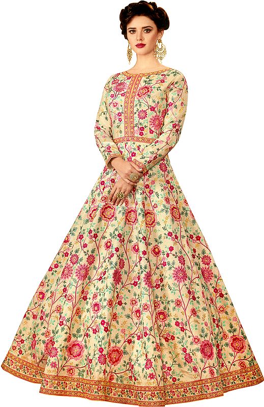 Afterglow Designer Floor-Length Floral Anarkali Suit with Zari Embroidery and Cystals All-Over