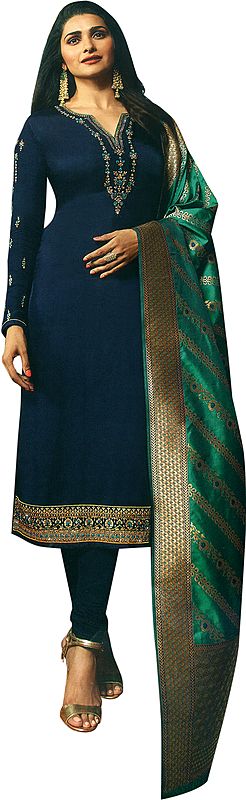 Twilight-Blue Prachi Long Choodidaar Salwar Kameez Suit with Zari-Embroidery and Crystals