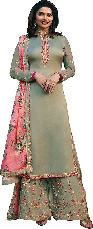 Russywillow-Gray Prachi Long Palazzo Salwar Kameez Suit with Aari-Embroidery and Printed Dupatta