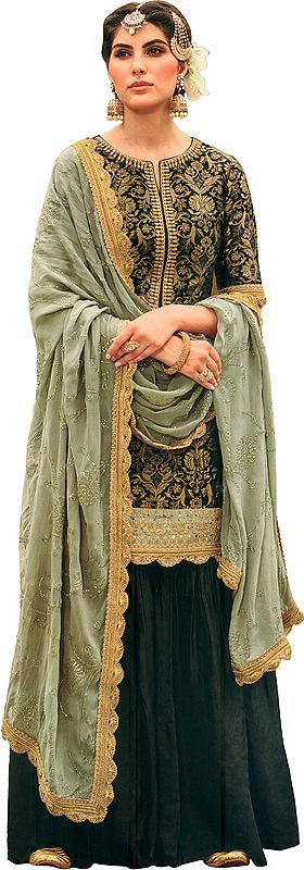 Phantom-Black Pakistani Salwar-Kameez Suit with Zari Embroidery and Woven Motifs All-Over