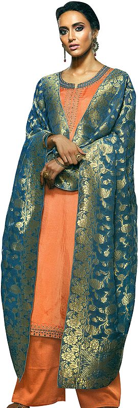 Papaya-Punch Palazzo Salwar Kameez Suit with Floral Embroidery and Zari Woven Blue Dupatta