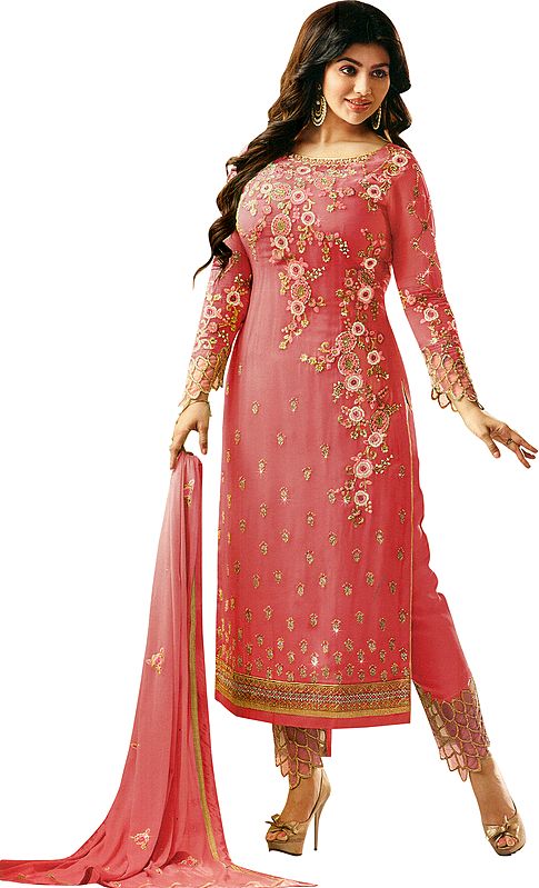 Conch-Shell Ayesha Trouser Salwar Kameez Suit with Zari-Embroidered Florals and Crystals Embellished All-Over