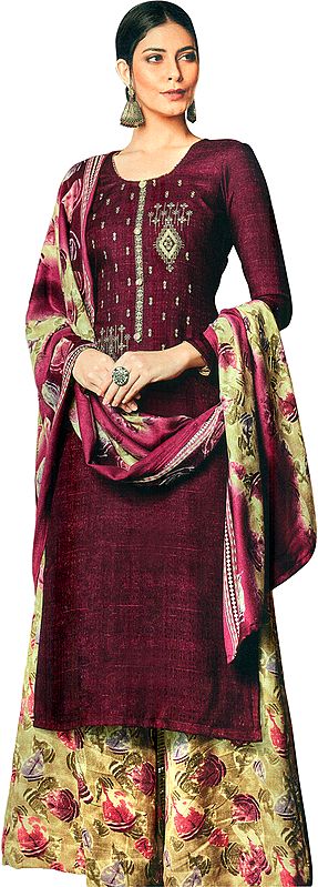 Oxblood-Red Palazzo Salwar Suit with Embroidered Bootis on Neck and Printed Chiffon Dupatta