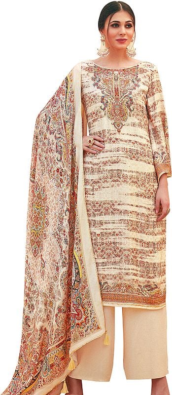 Pastel-Rose Tan Digital-Printed Palazzo Salwar Kameez Suit with Cotton Dupatta