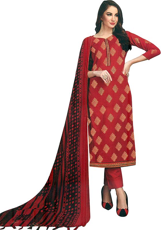 Bittersweet-Red Trouser Salwar Suit with Printed Golden Motifs and Zari Embroidery
