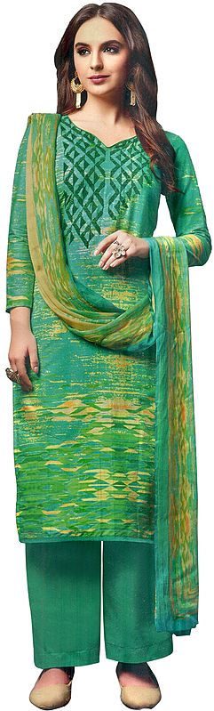 Waterfall Long Digital-Printed Palazzo Salwar Kameez Suit with Embroidery on Neck