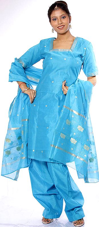 Sky-Blue Chanderi Suit with Golden Thread Weave