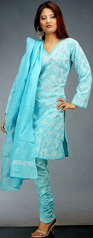 Sky-Blue Choodidaar Chikan Suit from Lucknow with Sequins