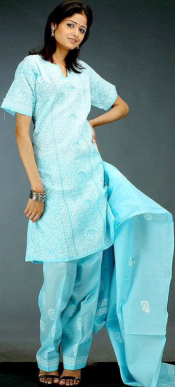 Sky-Blue Choodidaar Suit with All-Over Lukhnavi Chikan Embroidery