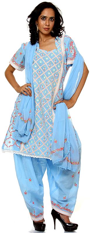 Sky-Blue Choodidaar Suit with Lukhnavi Chikan Embroidery and Applique Work